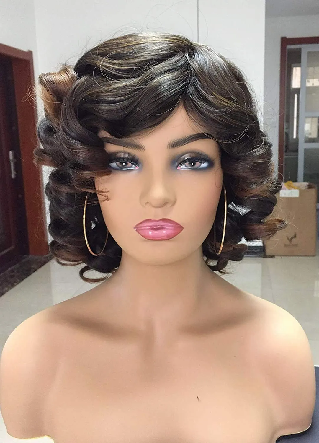Annivia Short Afro Curly Wigs with Bangs for Women Kinky Curly Hair Wig 2 Tone Ombre Dark Brown Big Bouncy Fluffy Curly Wig