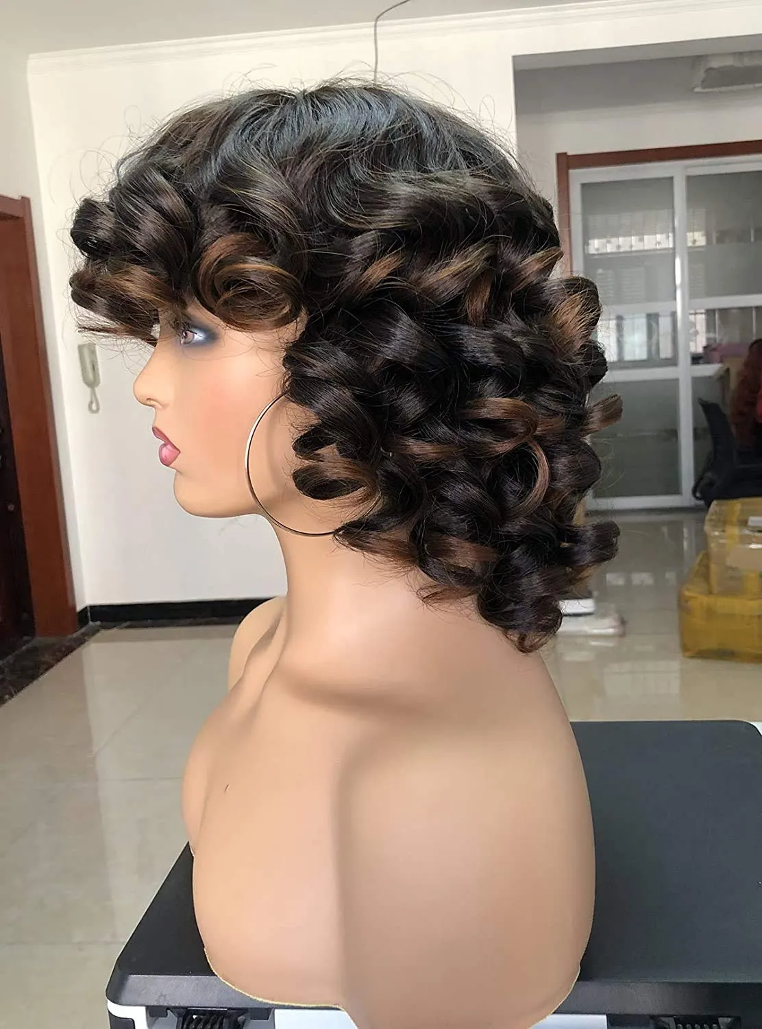 Annivia Short Afro Curly Wigs with Bangs for Women Kinky Curly Hair Wig 2 Tone Ombre Dark Brown Big Bouncy Fluffy Curly Wig