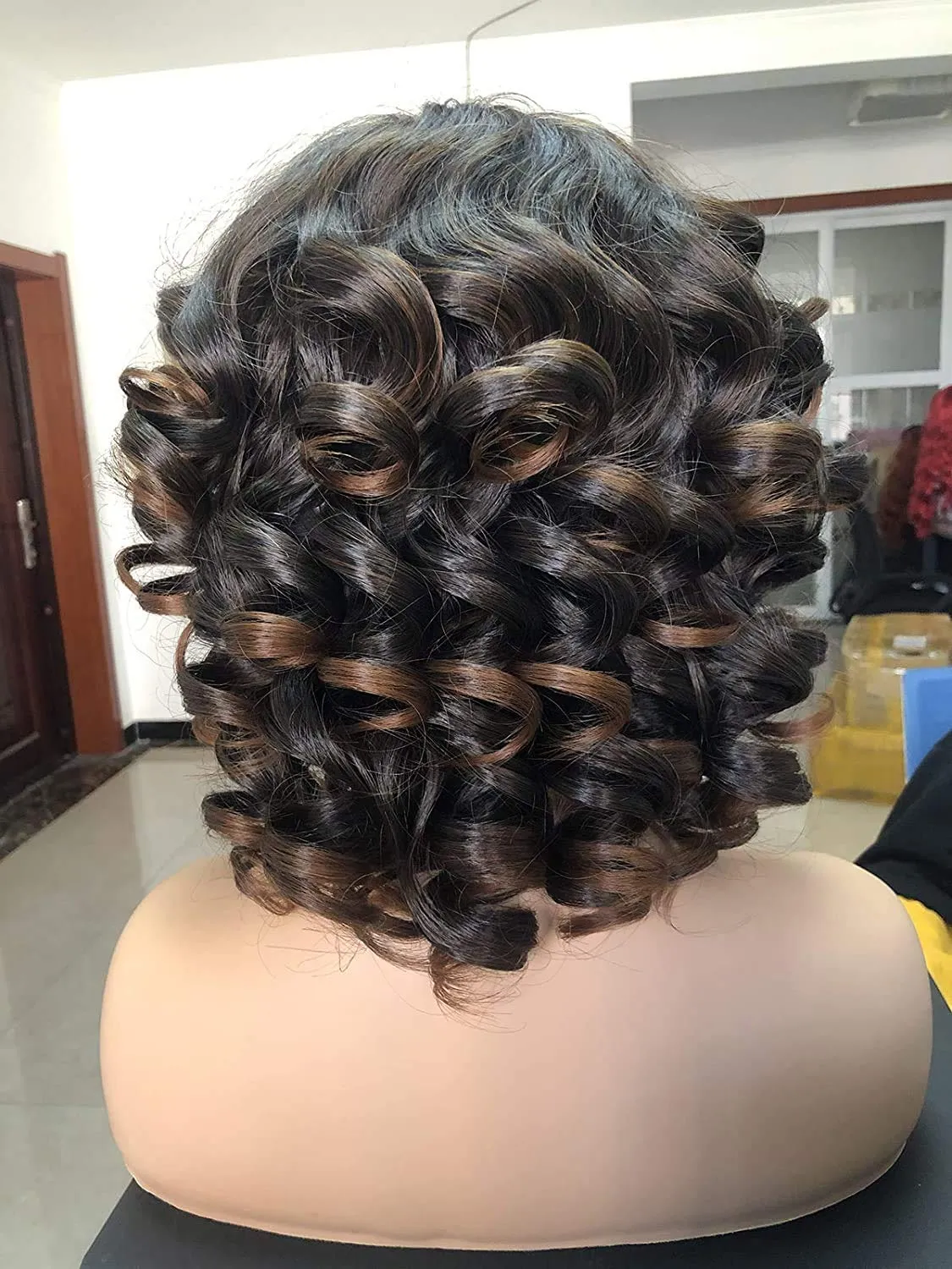 Annivia Short Afro Curly Wigs with Bangs for Women Kinky Curly Hair Wig 2 Tone Ombre Dark Brown Big Bouncy Fluffy Curly Wig