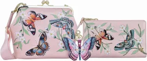 Anuschka Leather Butterfly Melody Bundle - Medium Frame Crossbody Bag   RFID Blocking Wallet   Key Charm, Hand-Painted Design, Crafted from Genuine Full-Grain Leather