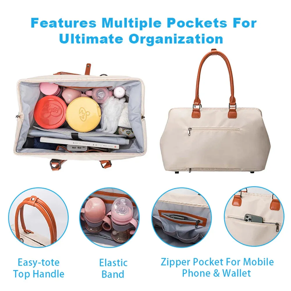 ANYMOM Mommy Diaper Bag Beige Handbag 5 pcs Set with Portable Changing Pad Adjustable and Removable Strap Mommy Maternity Bag