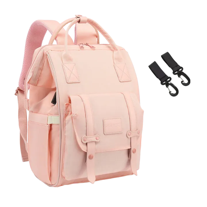 ANYMOM Mommy Diaper Bag Pink Backpack 2Pcs Stroller Hook with Internal USB Charging Port