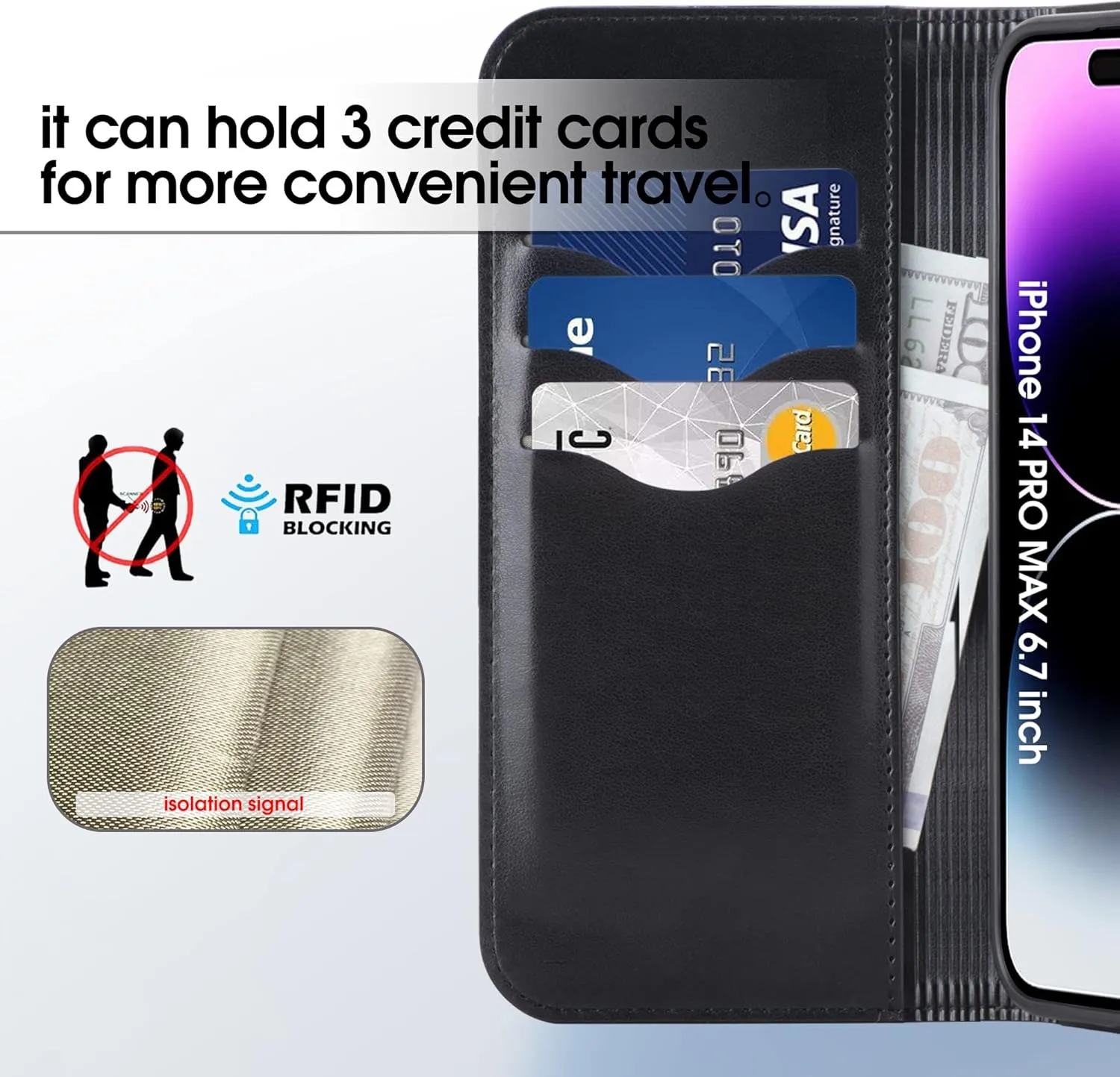 Arae Compatible with iPhone 14 Pro Max Wallet Case with Card Holder and Wrist Strap Wallet Flip Cover for iPhone 14 Pro Max 6.7inch,Wave Black