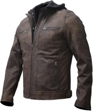 Artistry Mens Genuine Lambskin Leather Motorcycle Jacket with Removable Hood in Black Brown