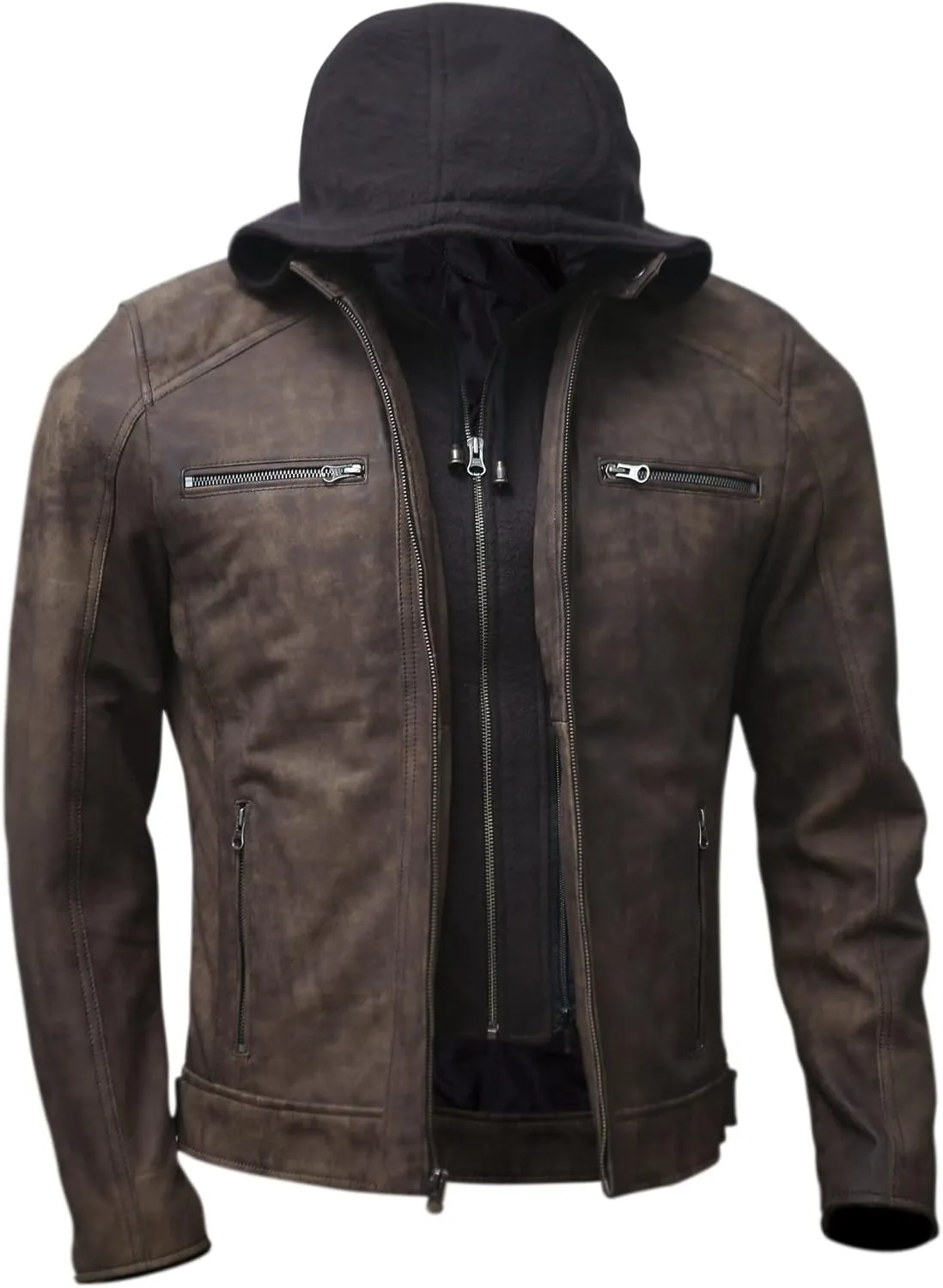 Artistry Mens Genuine Lambskin Leather Motorcycle Jacket with Removable Hood in Black Brown