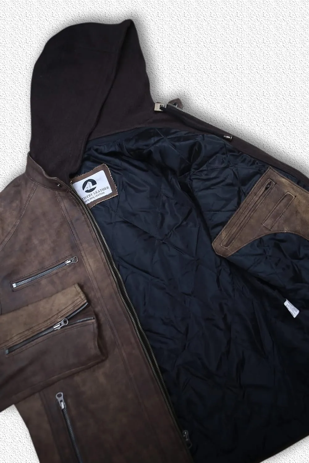 Artistry Mens Genuine Lambskin Leather Motorcycle Jacket with Removable Hood in Black Brown