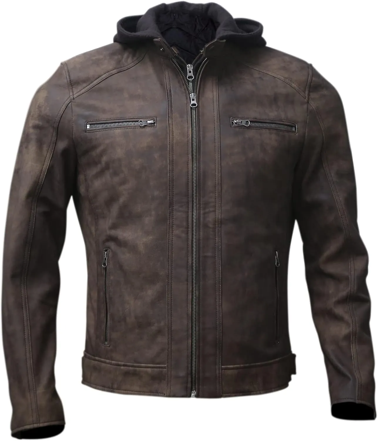 Artistry Mens Genuine Lambskin Leather Motorcycle Jacket with Removable Hood in Black Brown