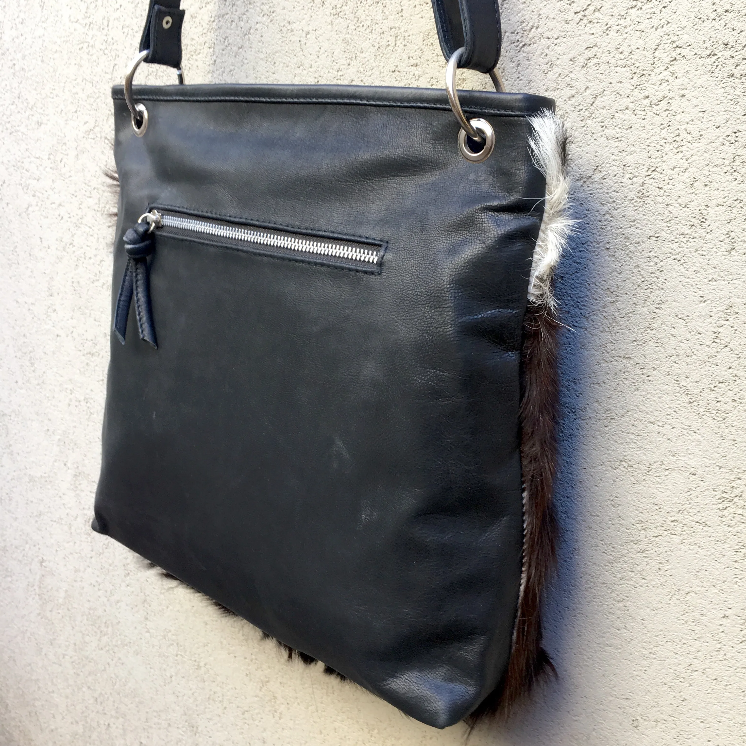 Azahara Leather and Lambs Fur Crossbody Satchel Bag