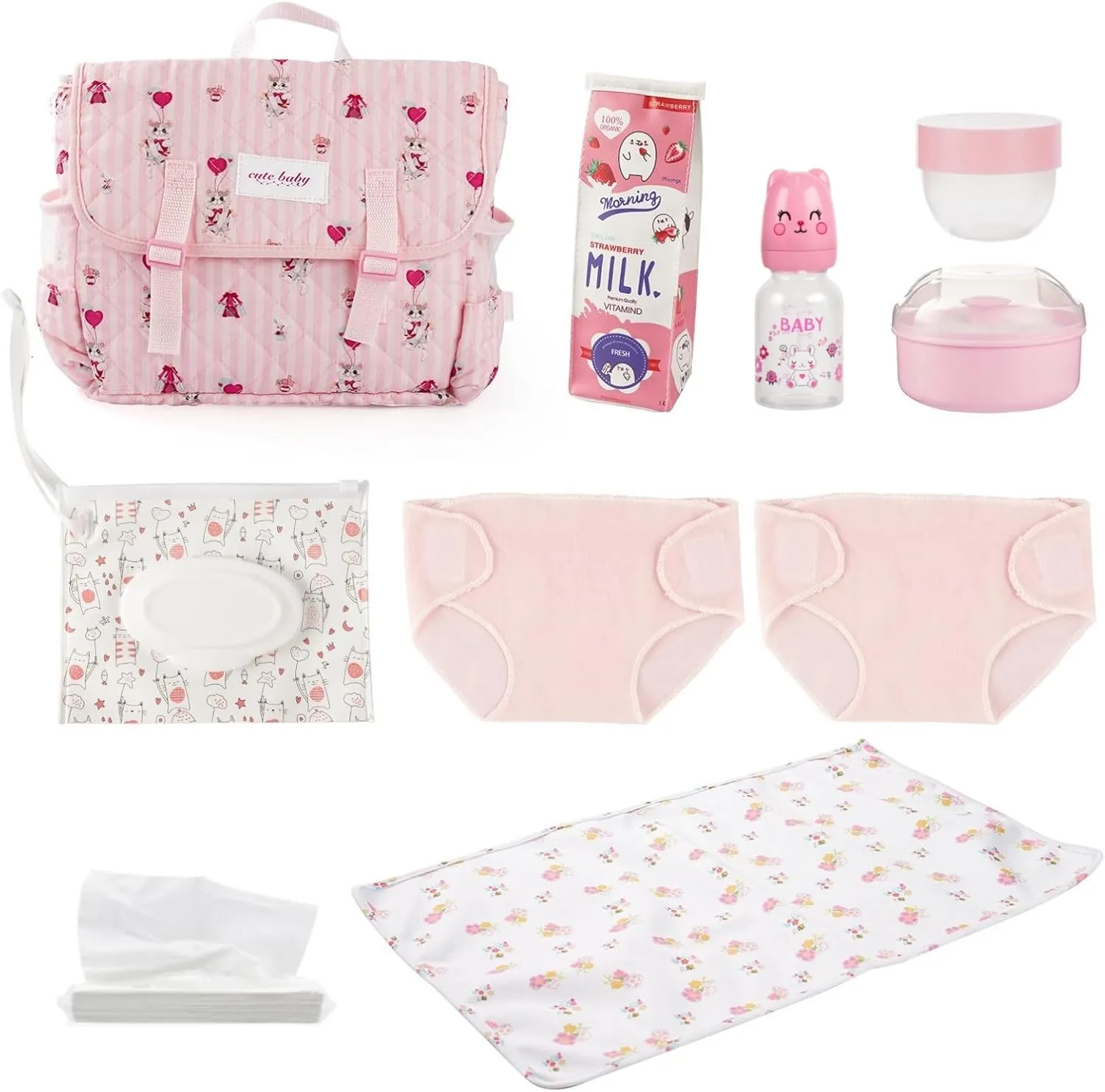 BABESIDE 10 Pcs Reborn Doll Accessories Set for 17-22 Inch Dolls, Feeding and Care Set, Including Diaper Bag, 2 Diapers, Great for Children's Pretend Play (Dolls not Included)