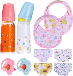 BABESIDE Baby Doll Accessories Set - 10 Pcs Including Bottles With Disappearing Milk, Pacifier, Bibs, Diapers - Pretend Play Feeding Toy for 12-15 Inches Dolls