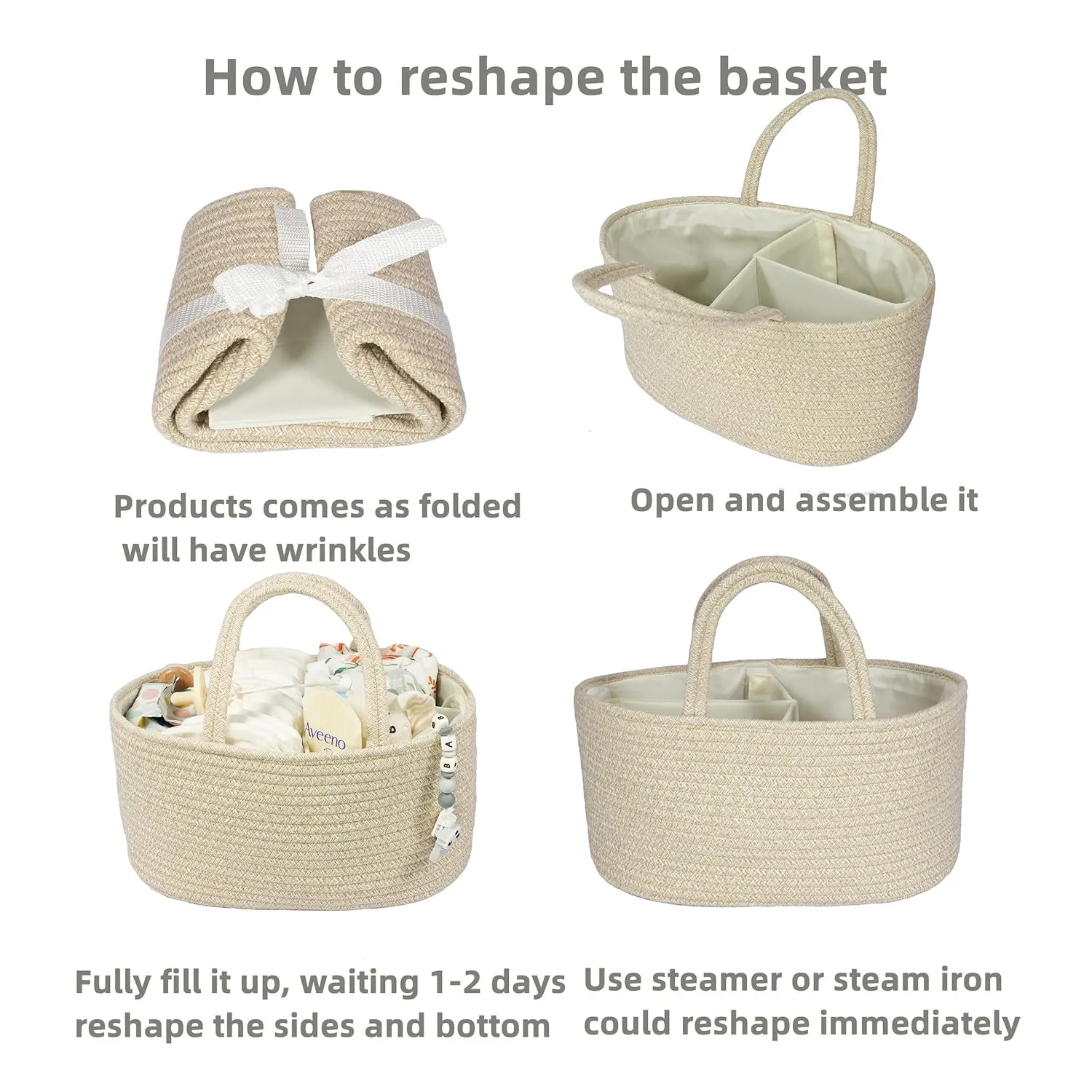 Baby Diaper Caddy Organizer for Girl Boy Cotton Rope Nursery Storage Bin Basket Portable Holder Tote Bag for Changing Table Car Travel Baby Shower Gifts Newborn Registry Must Have Items oatmeal