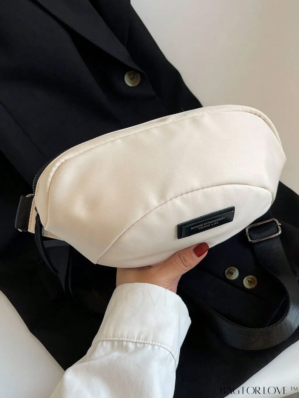 BagForLove - Beige Adjustable-Strap Fanny Pack with Letter Patch Design and Zipper