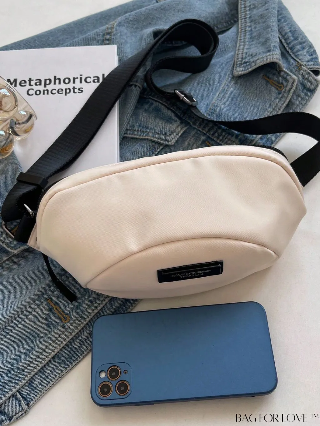BagForLove - Beige Adjustable-Strap Fanny Pack with Letter Patch Design and Zipper