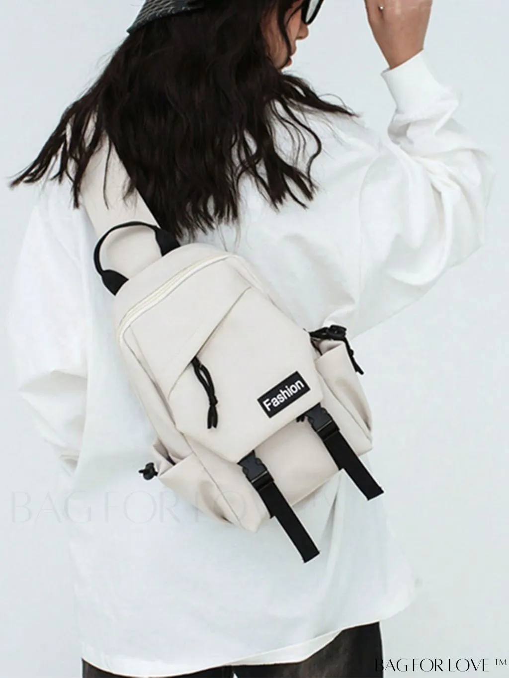 BagForLove - Beige Mini Sling Bag with Adjustable Strap and Letter Patch - Ideal for Sports