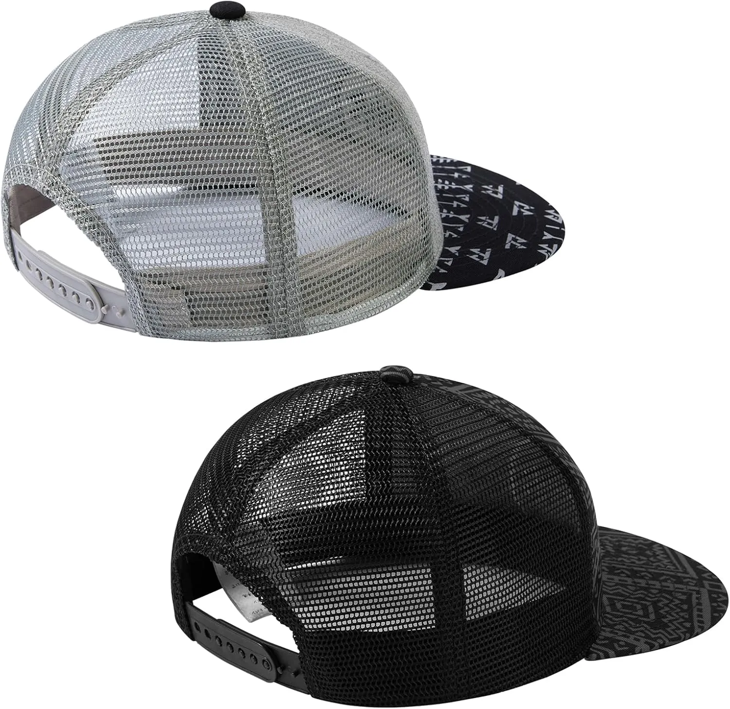 BASSDASH 2 Pack Flat Brim Trucker Cap Adjustable Snapback Hat Mesh Back for Men Women Fishing Hunting
