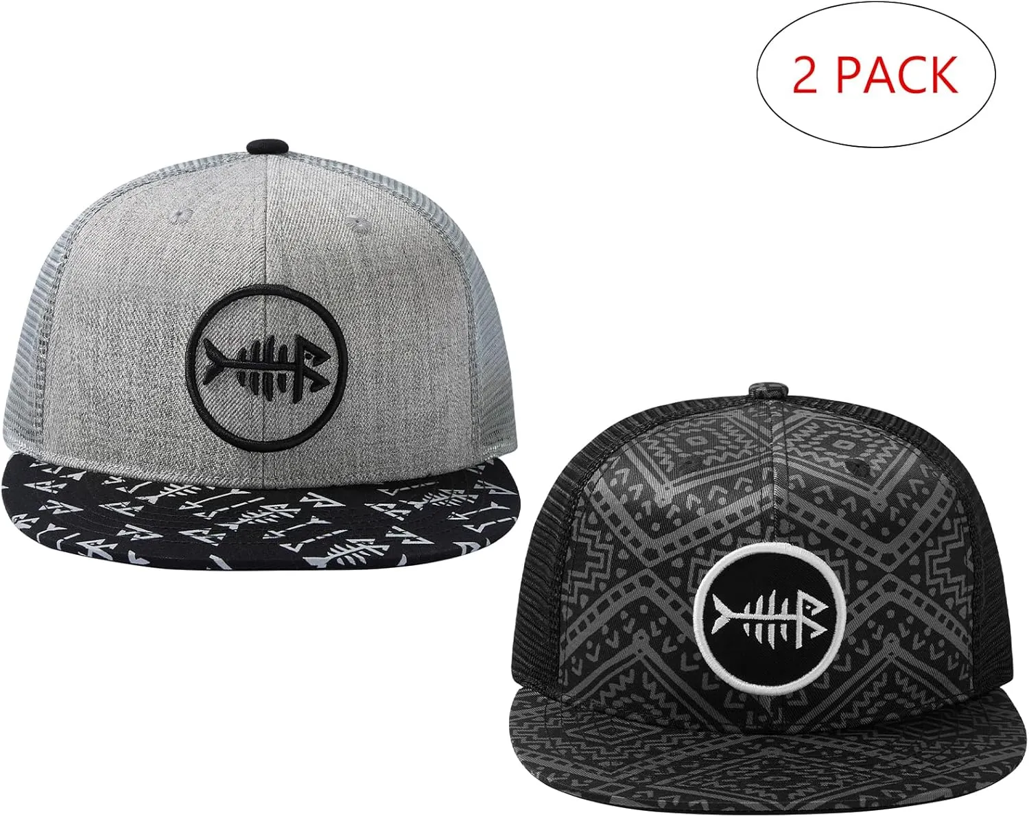 BASSDASH 2 Pack Flat Brim Trucker Cap Adjustable Snapback Hat Mesh Back for Men Women Fishing Hunting