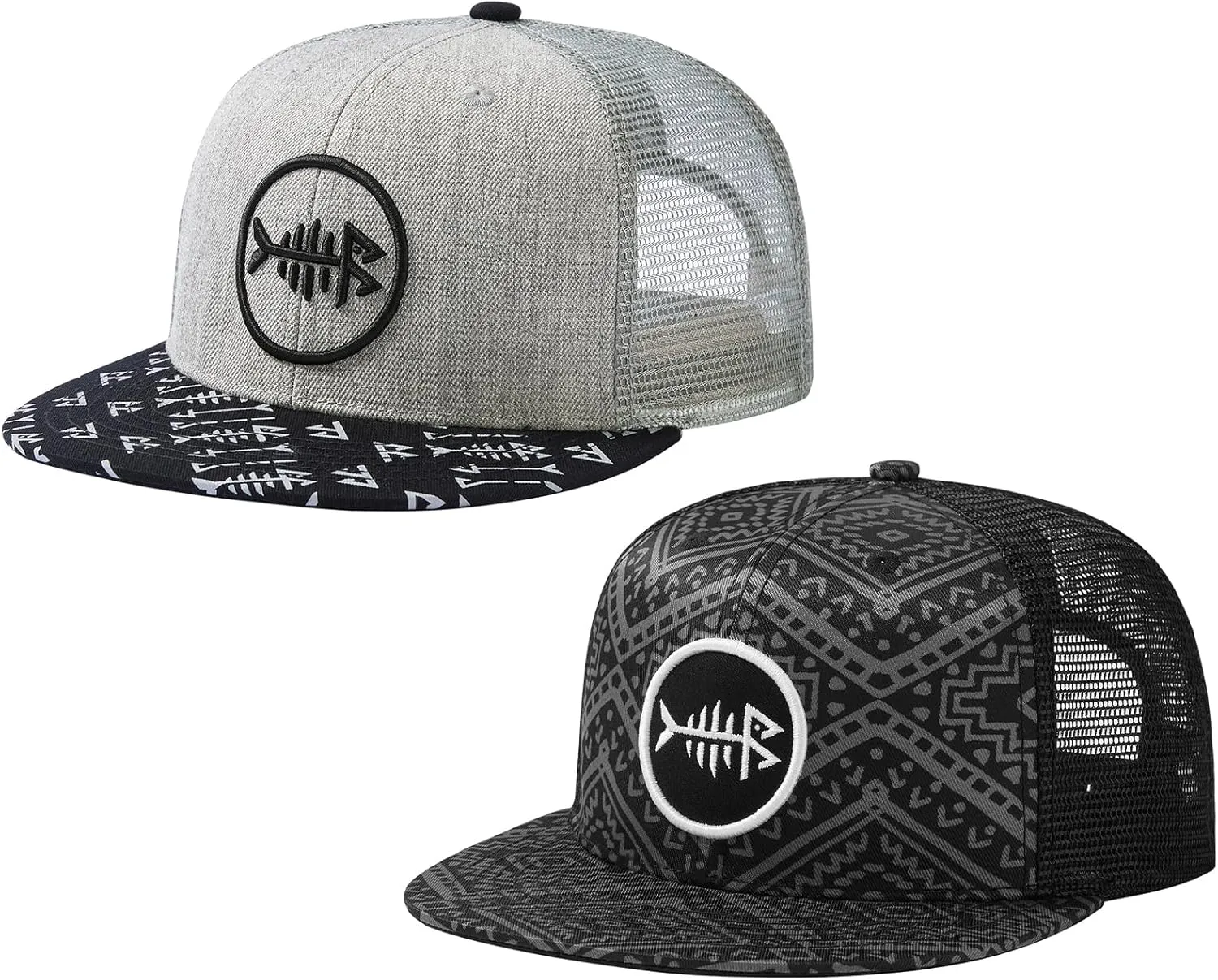 BASSDASH 2 Pack Flat Brim Trucker Cap Adjustable Snapback Hat Mesh Back for Men Women Fishing Hunting