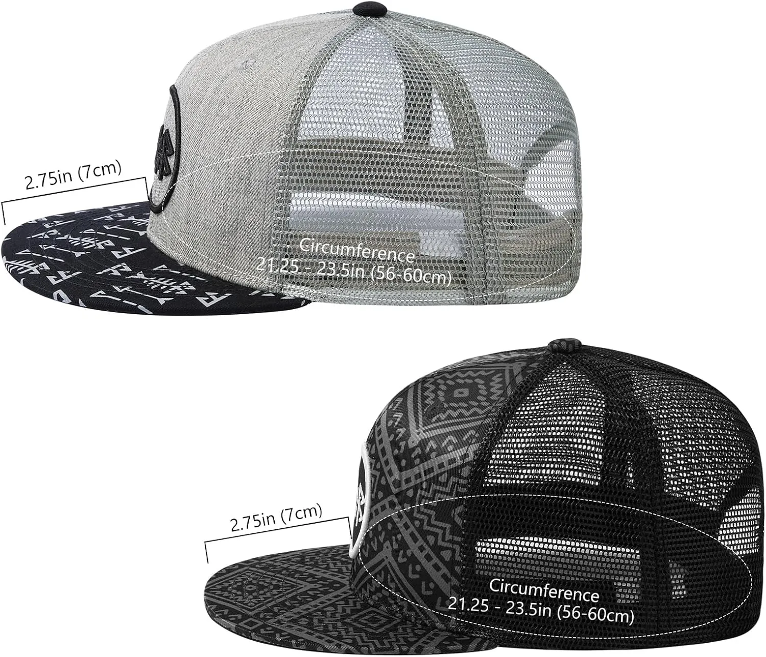 BASSDASH 2 Pack Flat Brim Trucker Cap Adjustable Snapback Hat Mesh Back for Men Women Fishing Hunting