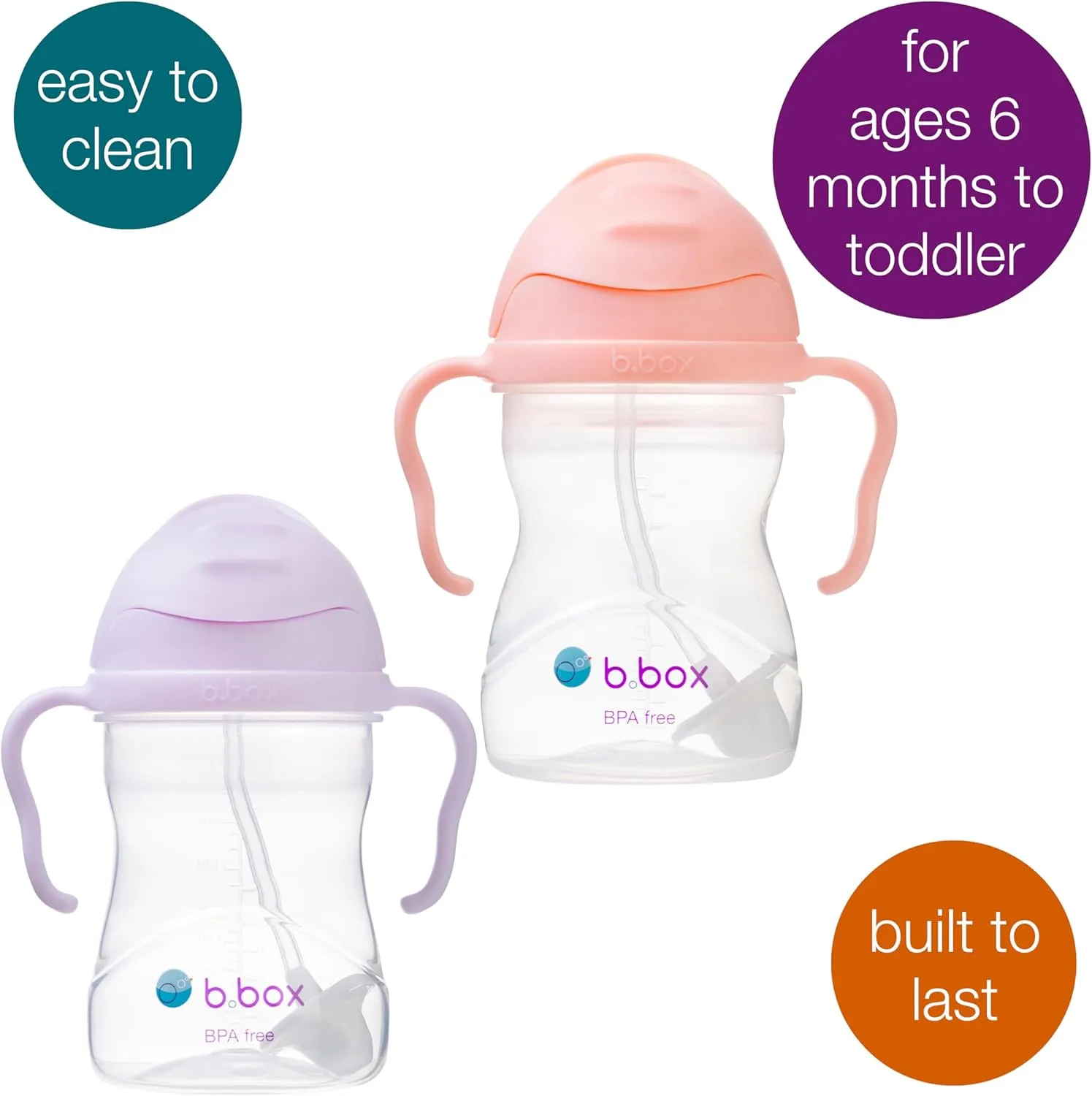 b.box Sippy Cup with Weighted Straw (2-pack). Drink from any Angle, Leak Proof, Spill Proof, Easy Grip. BPA Free, Dishwasher Safe. For Babies 6m  to Toddlers (tutti frutti   boysenberry, 8oz)