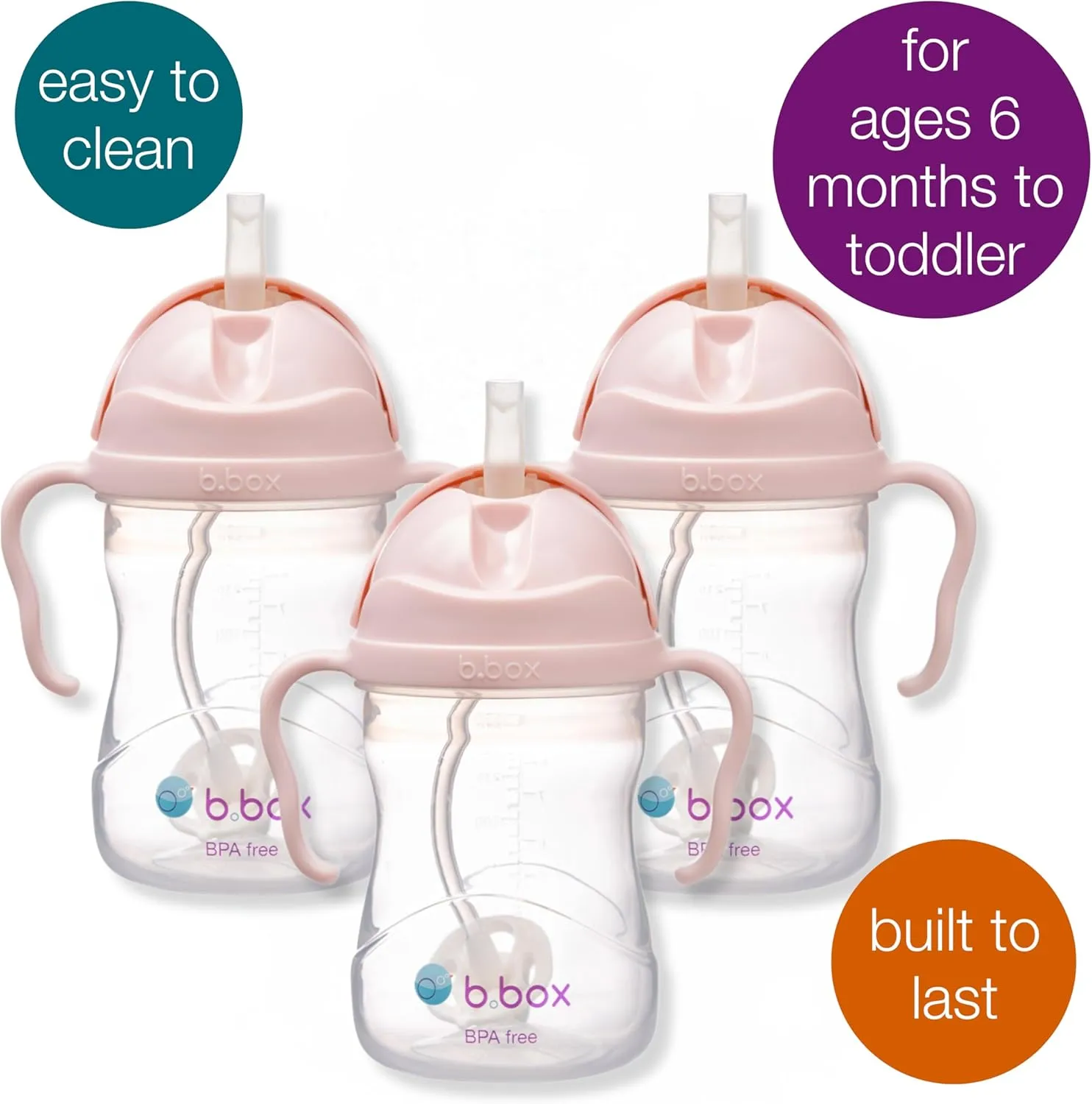 b.box Sippy Cup with Weighted Straw (3-Pack). Leak Proof, Easy Grip. BPA Free & Dishwasher Safe. Ideal for Babies 6m  to Toddlers (Blush, 8oz)