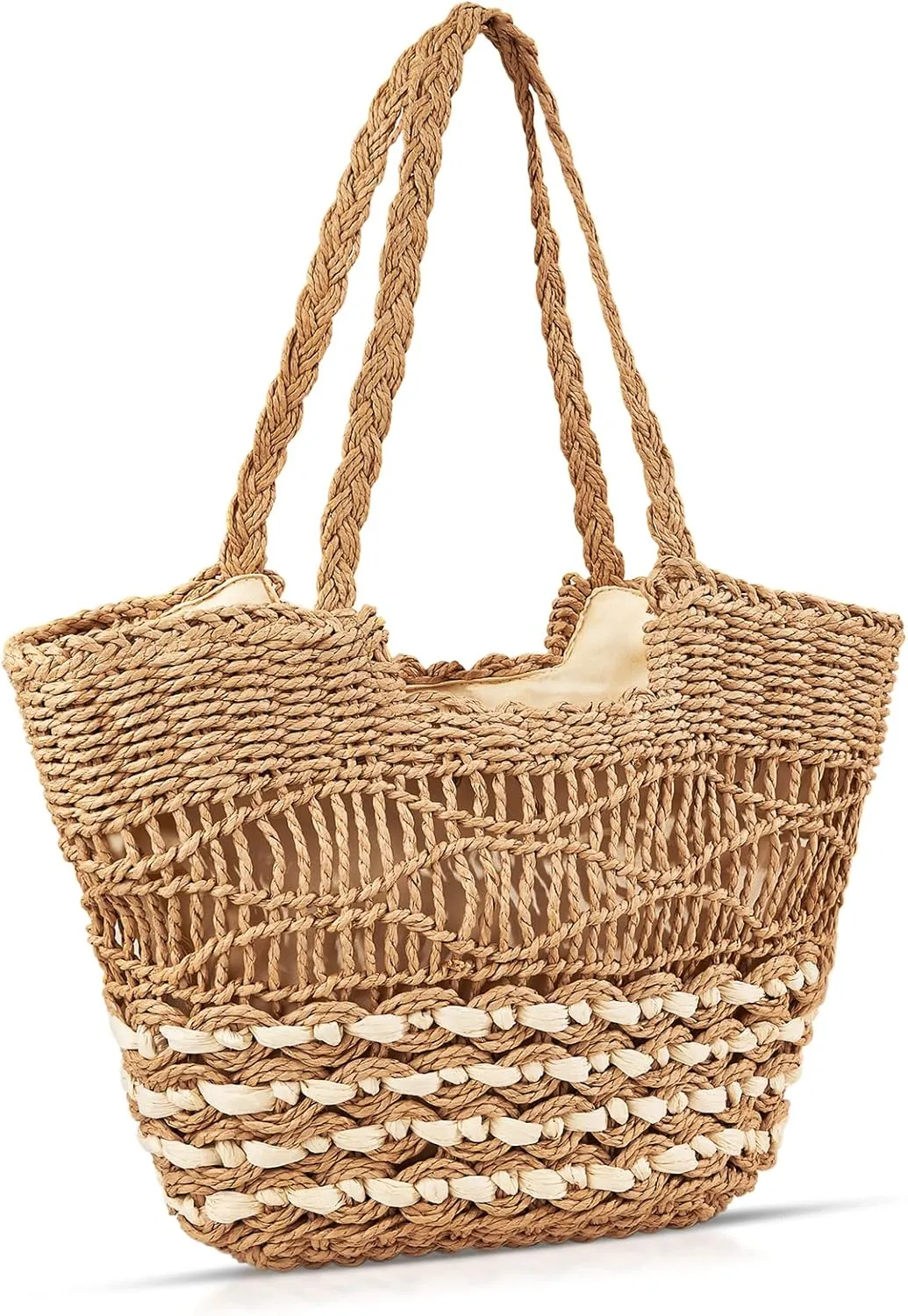 Beach Bag for Women, Summer Straw Bag, Hand-woven Tote Bag, Openwork Shoulder Rattan Handbag, Large Shoulder Bag Suitable for Vacation Travel Daily (Khaki)
