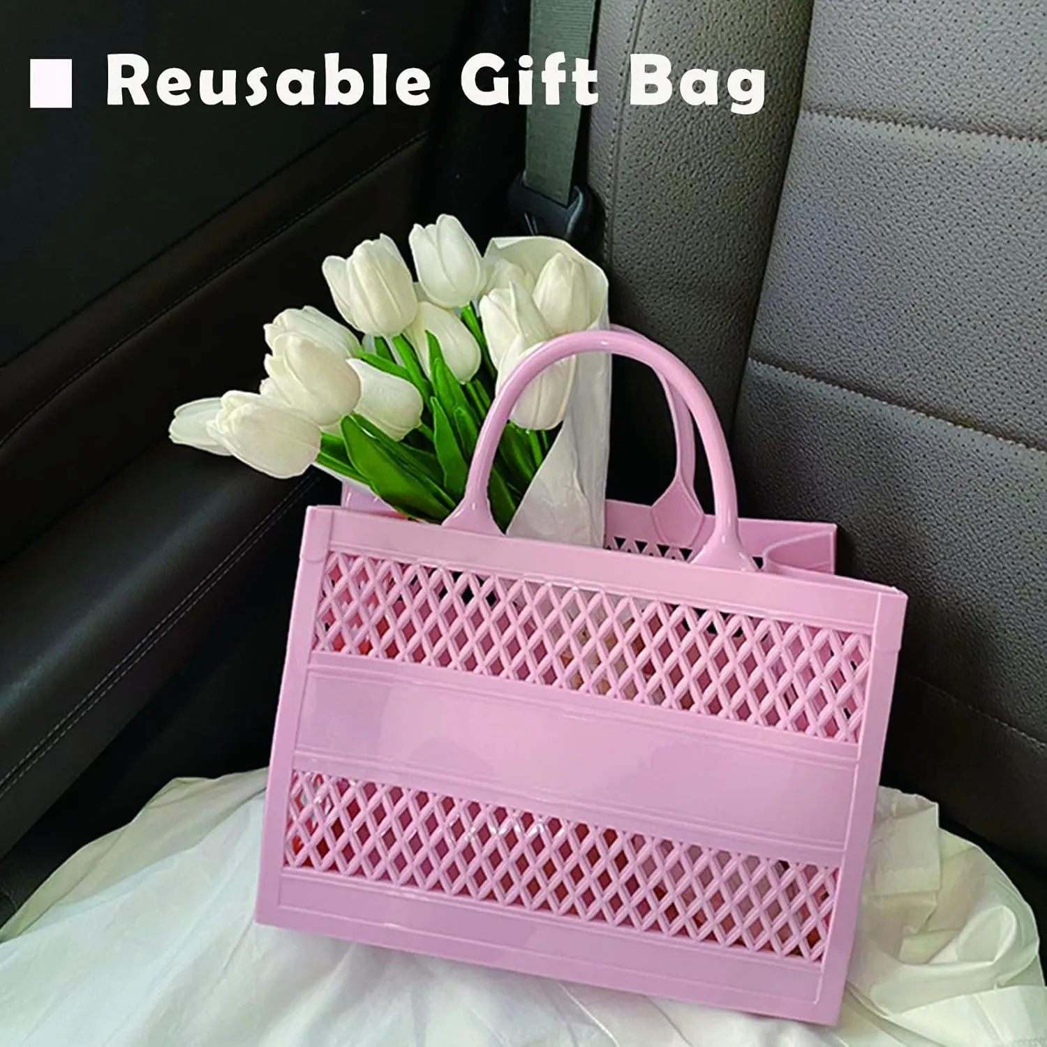 Beach Bag, Jelly Beach Bag Plastic Basket Purse, Flower Tote Bag Aesthetic, Gift Bag for Kids,Girls, Women