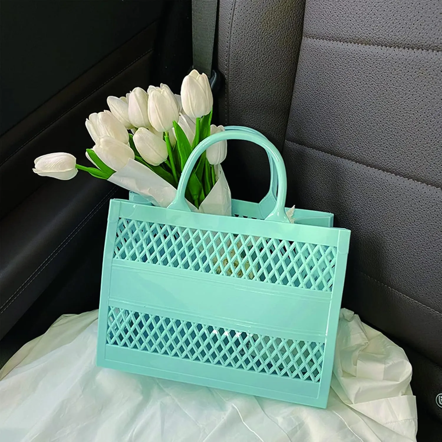 Beach Bag, Jelly Beach Bag Plastic Basket Purse, Flower Tote Bag Aesthetic, Gift Bag for Kids,Girls, Women