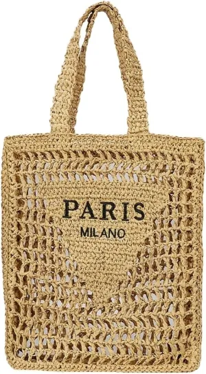 Beach Mesh Tote Bag for Women Hollow Embroidery Straw Bag Large Woven Handbag Shoulder Bag Summer Mesh Straw Beach Bags Purse