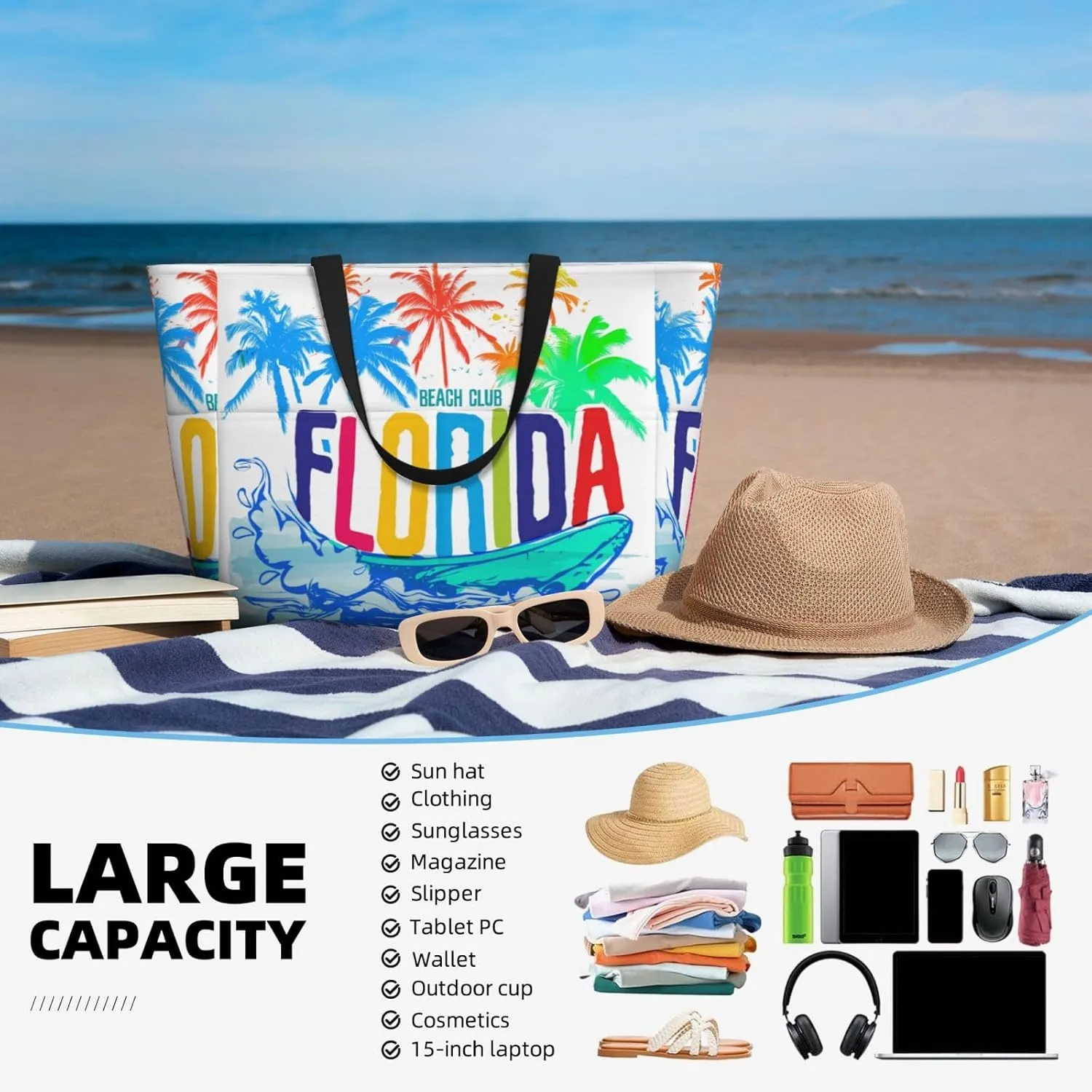 Beach Tote Bag for Women Beach Bag Waterproof and Sandproof Tote Bag with Wet Bag Large Travel Bag for Weekend Travel