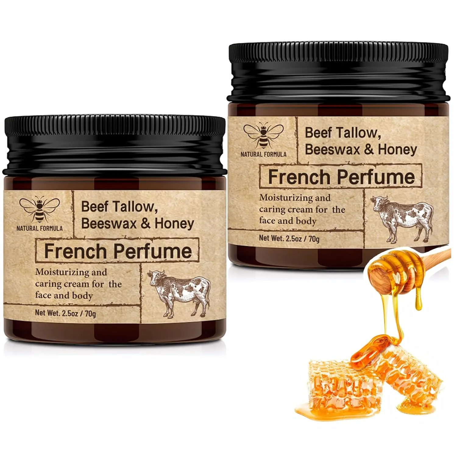 Beef Tallow for Skin, Organic Grass Fed Whipped Beef Tallow with Honey Beeswax,Tallow and Honey Balm, Deeply Moisturizing for Face & Body (2.5 Fl Oz (Pack of 2))