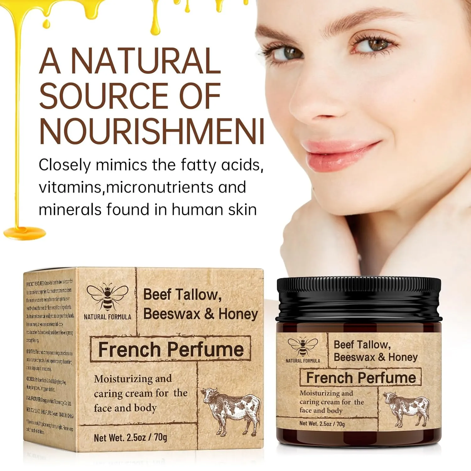 Beef Tallow for Skin, Organic Grass Fed Whipped Beef Tallow with Honey Beeswax,Tallow and Honey Balm, Deeply Moisturizing for Face & Body (2.5 Fl Oz (Pack of 2))