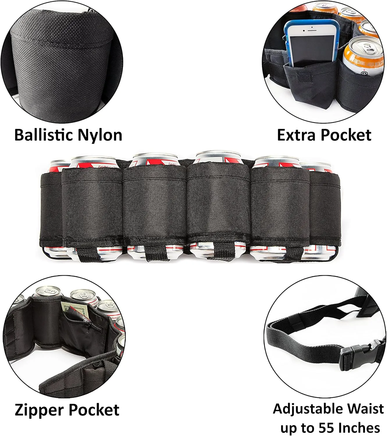 Beer Belt – Insulated 6-Pack Drink Holster with Adjustable Waist Strap, Buckle & Hidden Pocket – Holds 6 Cans or Bottles – Great for Parties, Tailgates, Game Nights & Outdoor Fun – Multiple Colors
