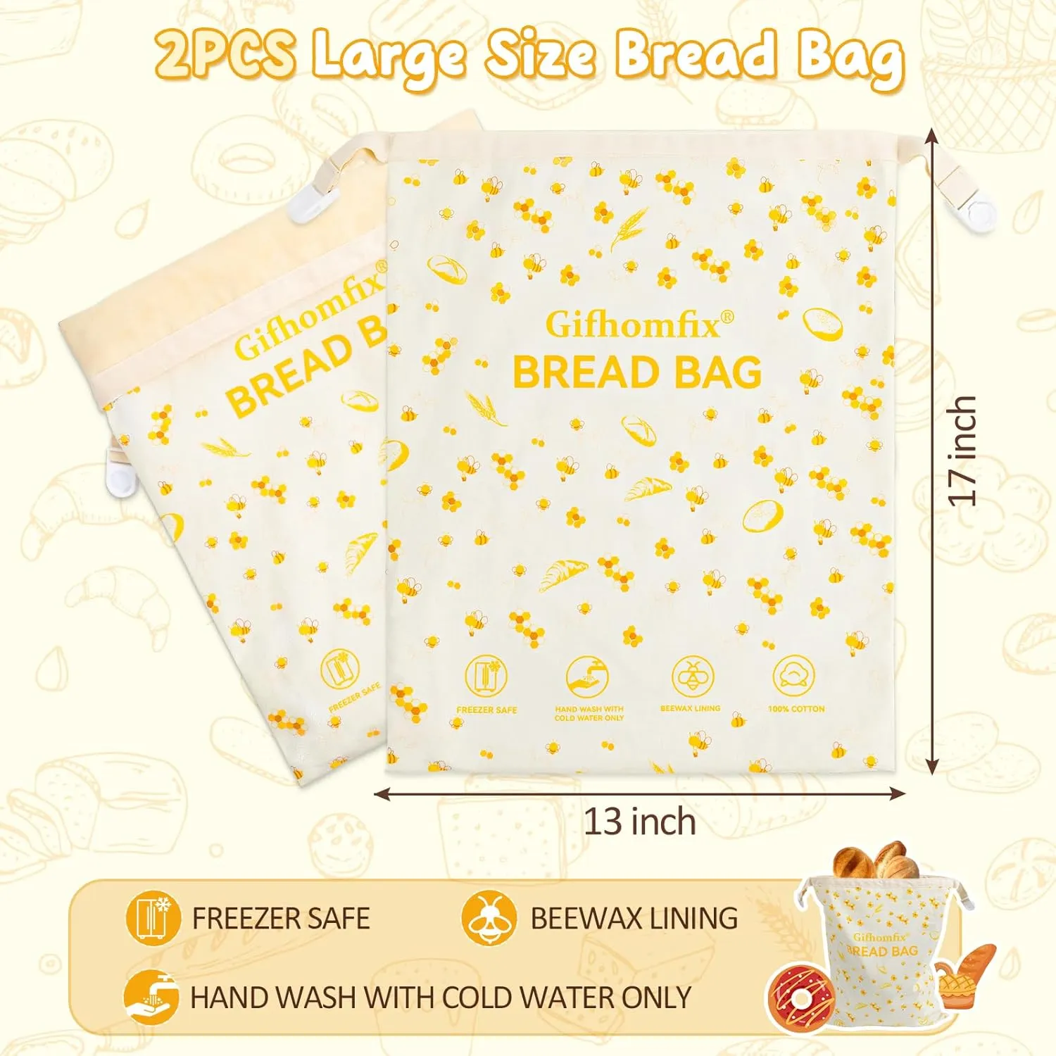 Beeswax Bread Bag 2 Pack Large Homemade Bread Reusable Bags Sourdough Bees Wax Bag Fresh Storage Bread Kitchen Container Loaf Bags 13 * 17IN Cotton Freezer Safe Toaster Sandwich Storage