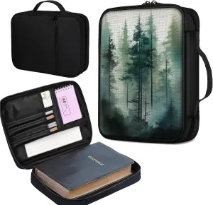 Bible Cover Bag for Women, Misty Pine Trees Bible Case, Large Bible Bag with Pockets, Zipper and Handle for Standard and Large Bibles, Christian Gift for Women