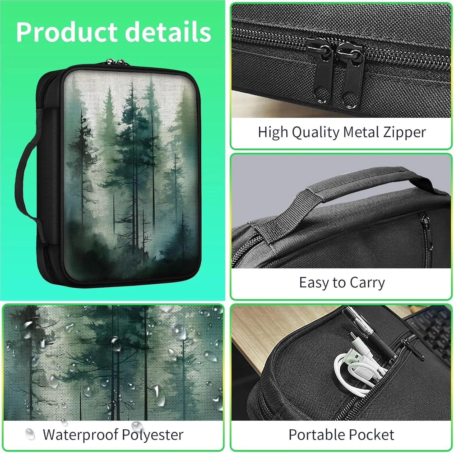 Bible Cover Bag for Women, Misty Pine Trees Bible Case, Large Bible Bag with Pockets, Zipper and Handle for Standard and Large Bibles, Christian Gift for Women