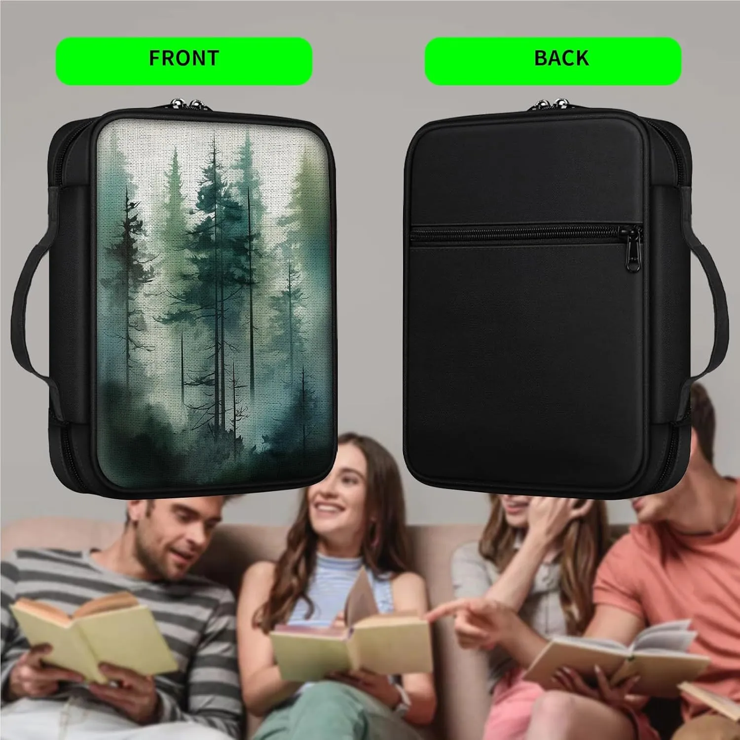 Bible Cover Bag for Women, Misty Pine Trees Bible Case, Large Bible Bag with Pockets, Zipper and Handle for Standard and Large Bibles, Christian Gift for Women