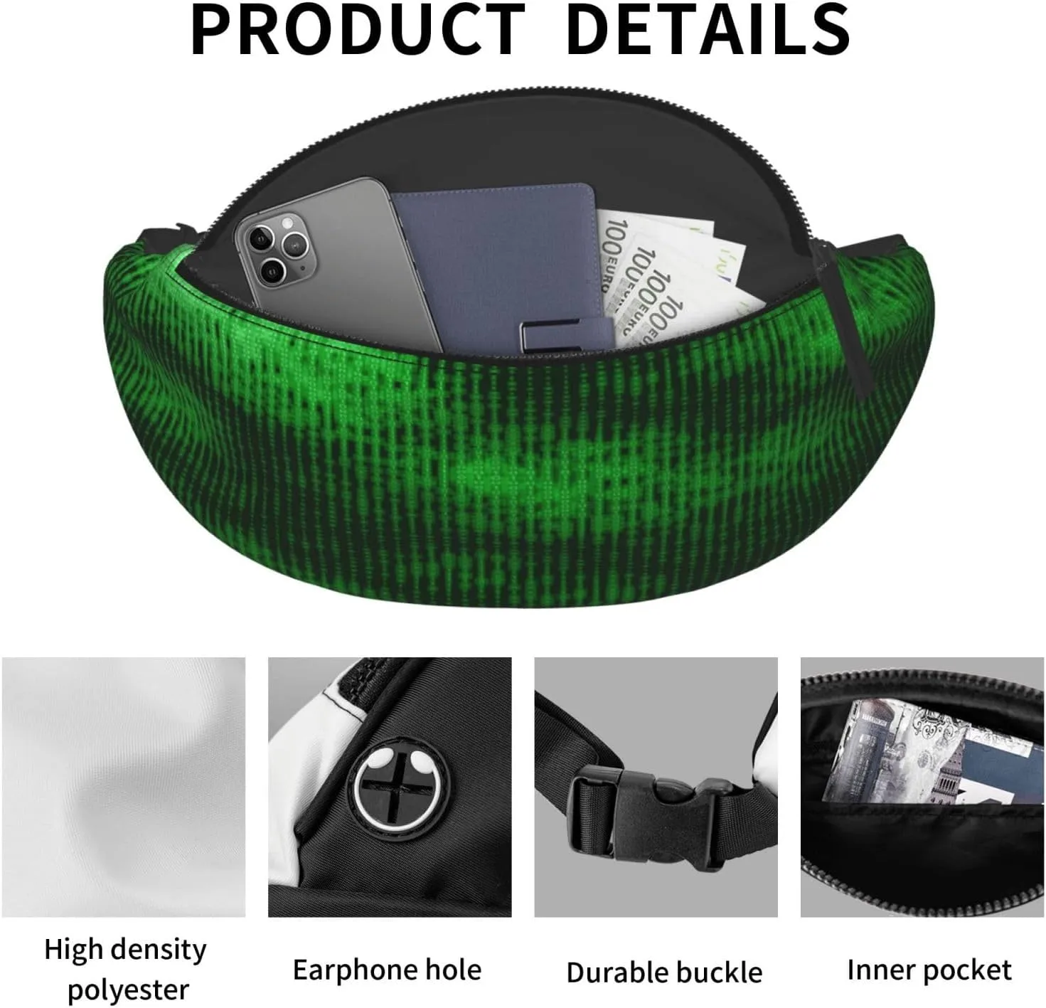 Big Data Green Data Fanny Pack, Crossbody Waist Packs for Women Men Waist Bags with Adjustable Strap for Travel Running Hiking Sport