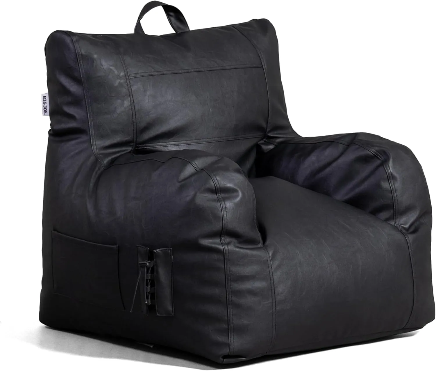 Big Joe Dorm Bean Bag Chair with Drink Holder and Pocket, Black Vegan Leather, Kids and Teens, 3 feet