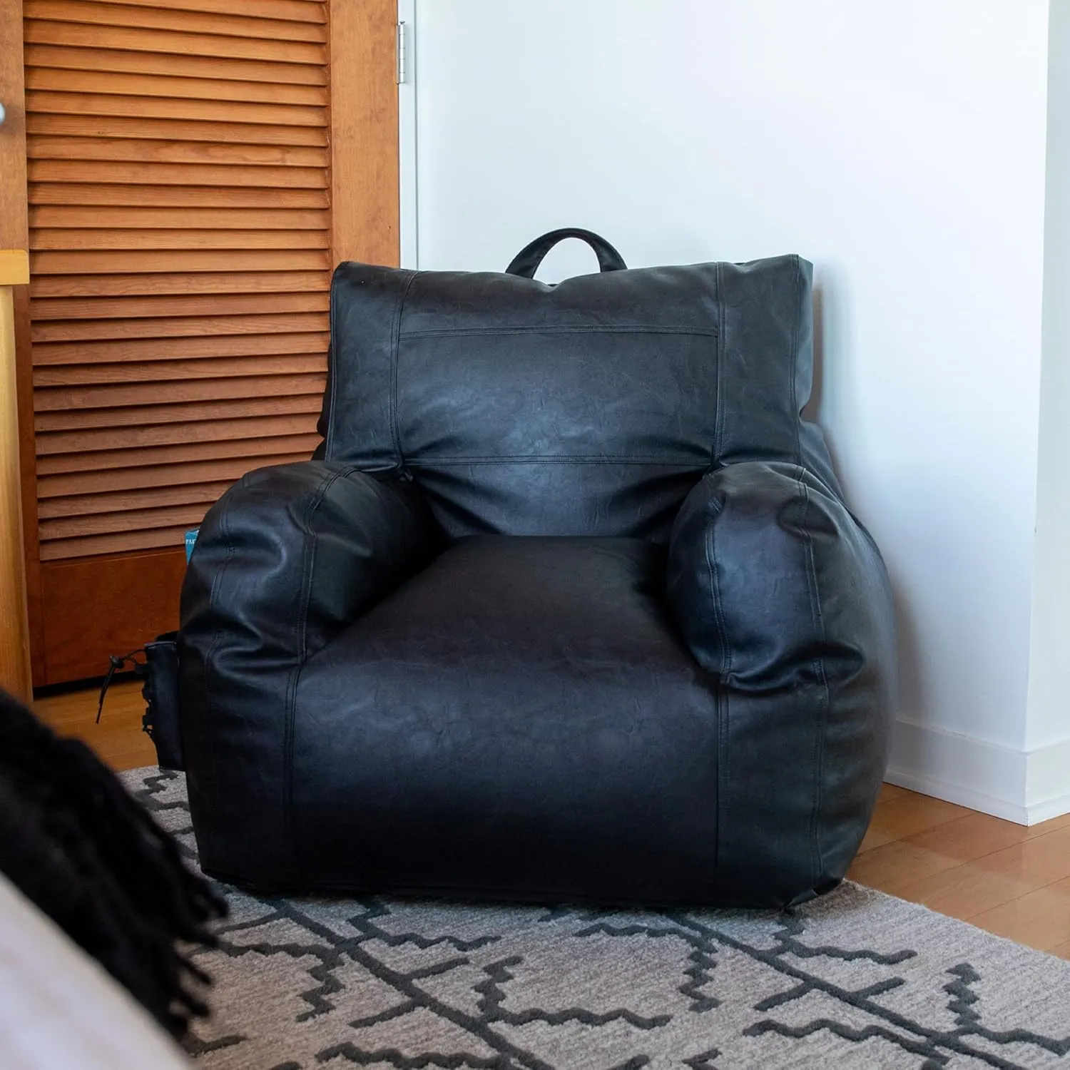 Big Joe Dorm Bean Bag Chair with Drink Holder and Pocket, Black Vegan Leather, Kids and Teens, 3 feet