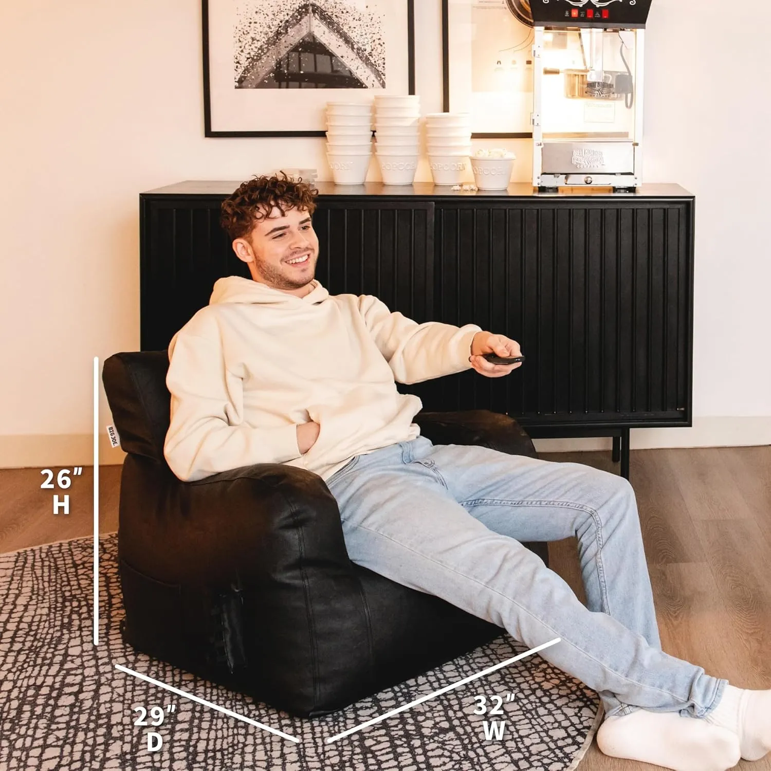 Big Joe Dorm Bean Bag Chair with Drink Holder and Pocket, Black Vegan Leather, Kids and Teens, 3 feet