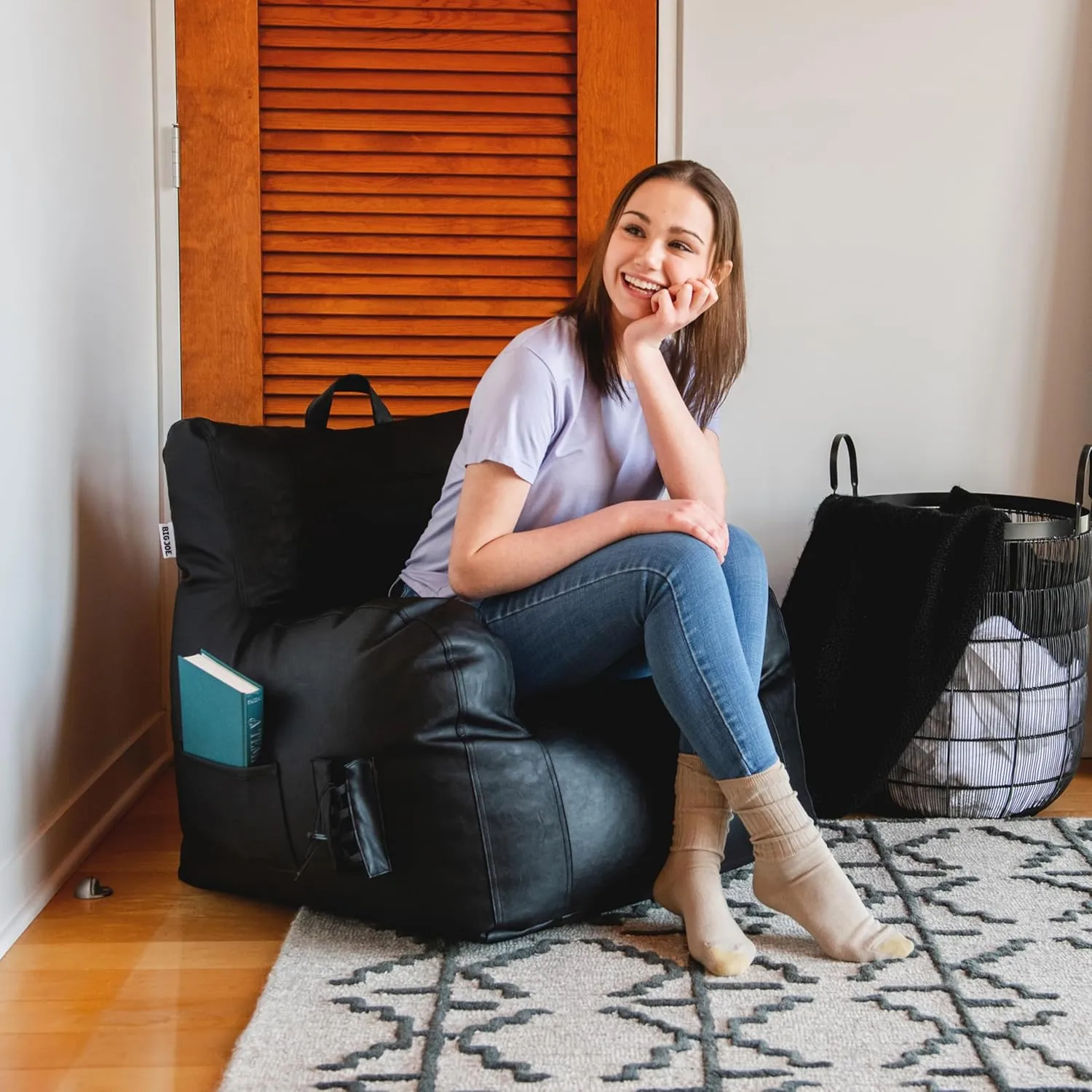 Big Joe Dorm Bean Bag Chair with Drink Holder and Pocket, Black Vegan Leather, Kids and Teens, 3 feet
