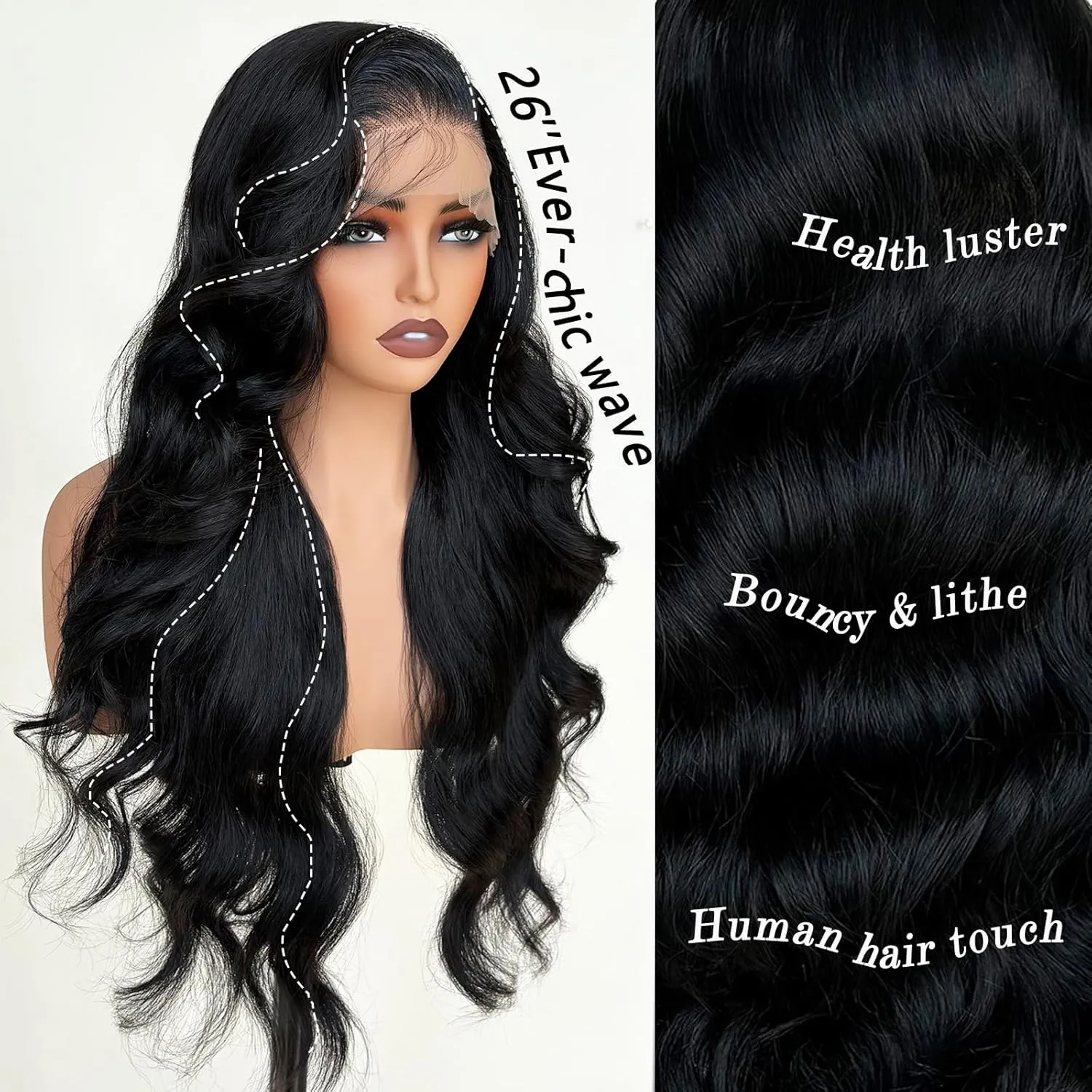 Black Glueless Wigs for White Women 26 Inch Pre Layered Body Wave Synthetic lace front Wigs - Pre Plucked 13×6 HD Lace Front Synthetic Wig Pre Plucked with Tiny Knots Natural Hairline Wear and Go