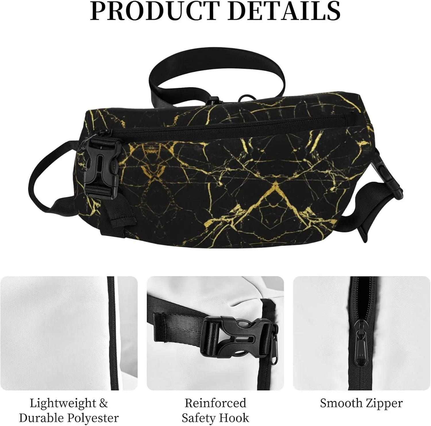 Black Gold Marble Print Crossbody Backpack Unisex Chest Bag, Lightweight And Sling Bag For Travel