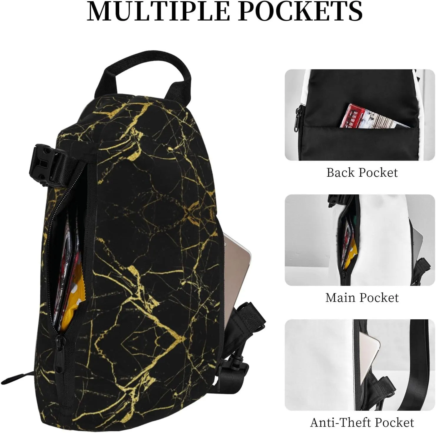 Black Gold Marble Print Crossbody Backpack Unisex Chest Bag, Lightweight And Sling Bag For Travel