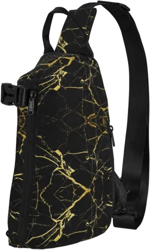 Black Gold Marble Print Crossbody Backpack Unisex Chest Bag, Lightweight And Sling Bag For Travel