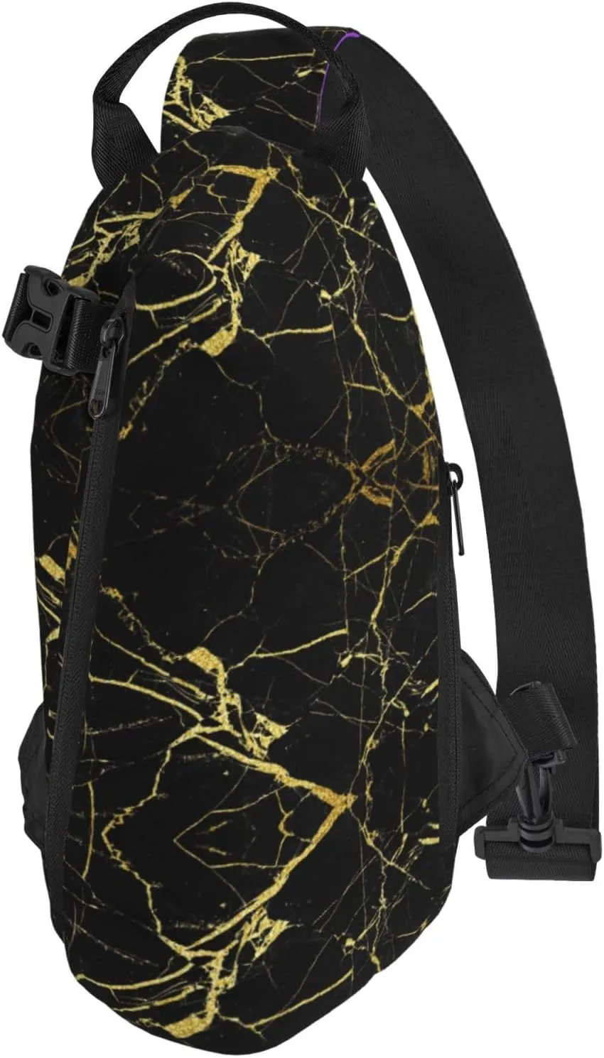 Black Gold Marble Print Crossbody Backpack Unisex Chest Bag, Lightweight And Sling Bag For Travel