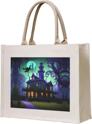 Black Haunted Mansions Stylish Canvas Tote Bag - Reusable Shopping Bags for Grocery, Sublimation Tote Bags with Pockets