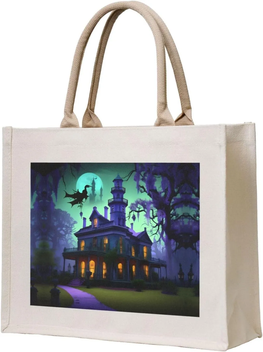 Black Haunted Mansions Stylish Canvas Tote Bag - Reusable Shopping Bags for Grocery, Sublimation Tote Bags with Pockets
