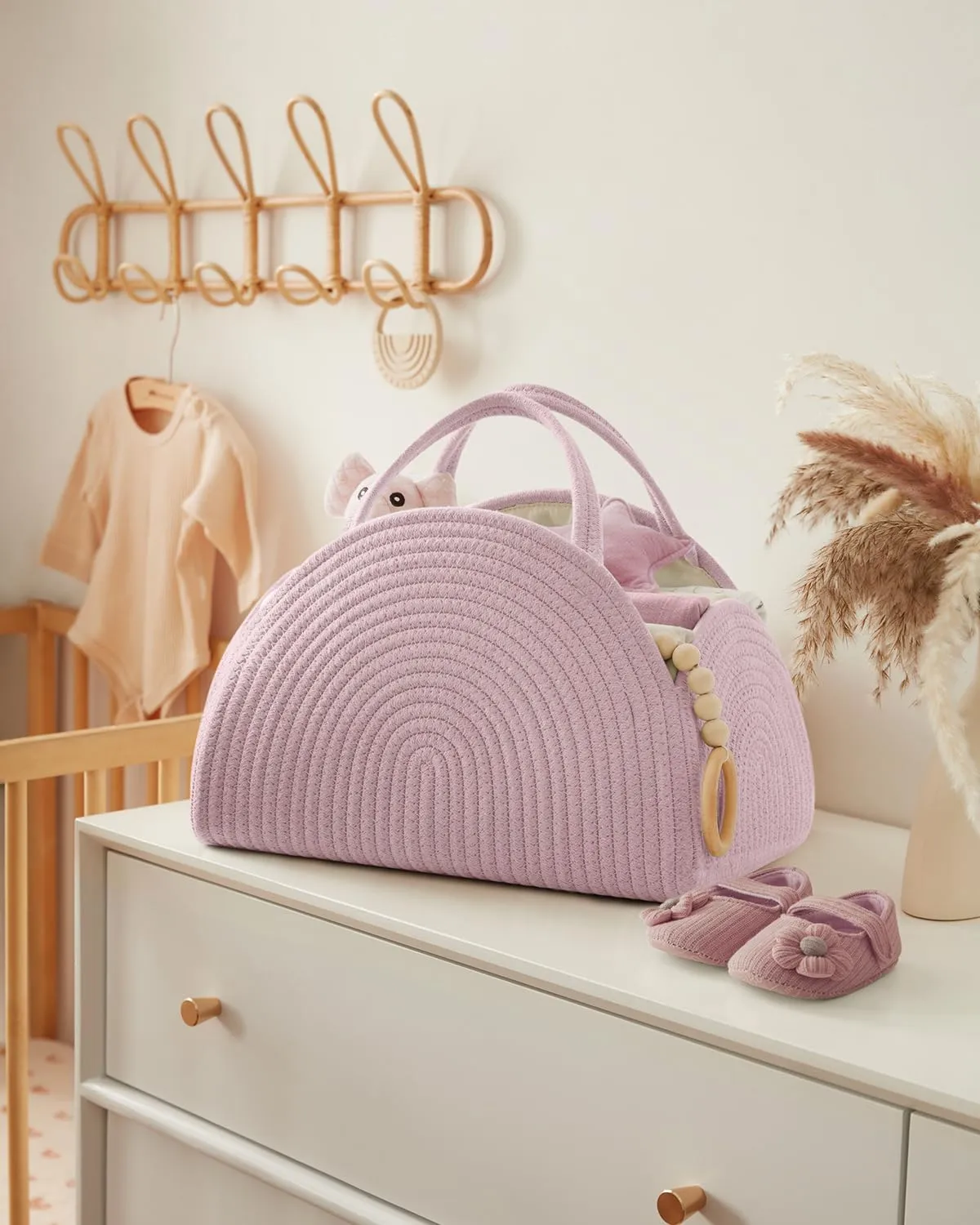 Blissful Diary Baby Diaper Caddy Organizer, Cotton Rope Diaper Caddy Basket, Large Storage Basket for Newborn Boys and Girls, Gift for Baby Shower List, Newborn Essentials, Light Pink