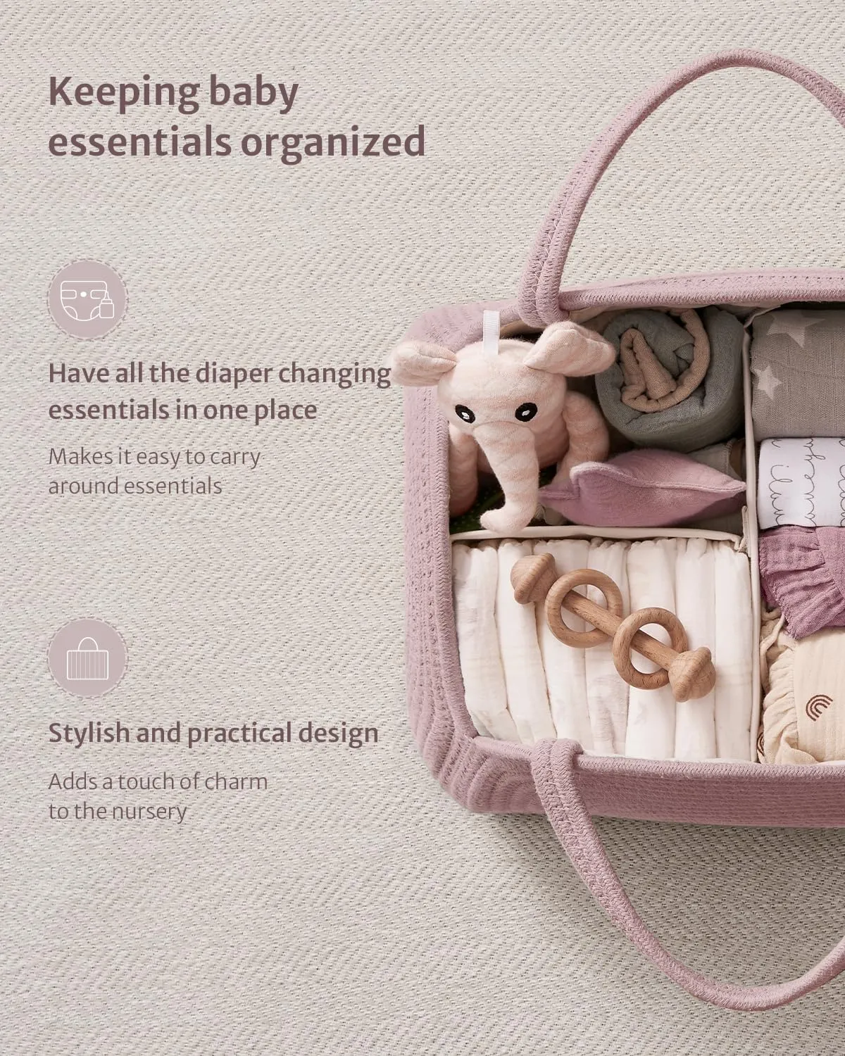 Blissful Diary Baby Diaper Caddy Organizer, Cotton Rope Diaper Caddy Basket, Large Storage Basket for Newborn Boys and Girls, Gift for Baby Shower List, Newborn Essentials, Light Pink